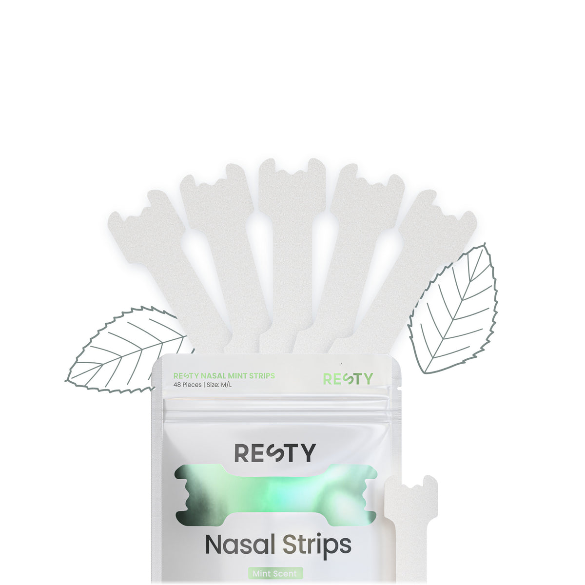 Five white Resty Minty nasal strips fanned out of the Resty Minty pouch, with drawn mint leaves.