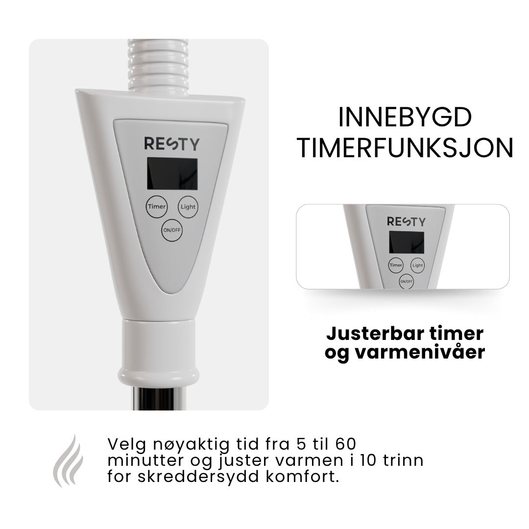 Kontrollpanelet på Resty infrarød varmelampe med enkelt hode: innebygd timer fra 5 til 60 minutter og 10 varmetrinn