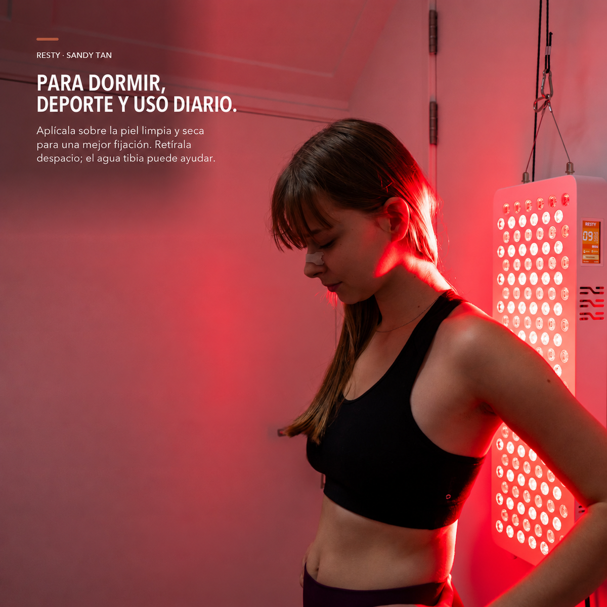 Tira nasal Resty Sandy Tan para dormir, deporte y uso diario: aplicar sobre piel limpia y seca y retirar despacio.