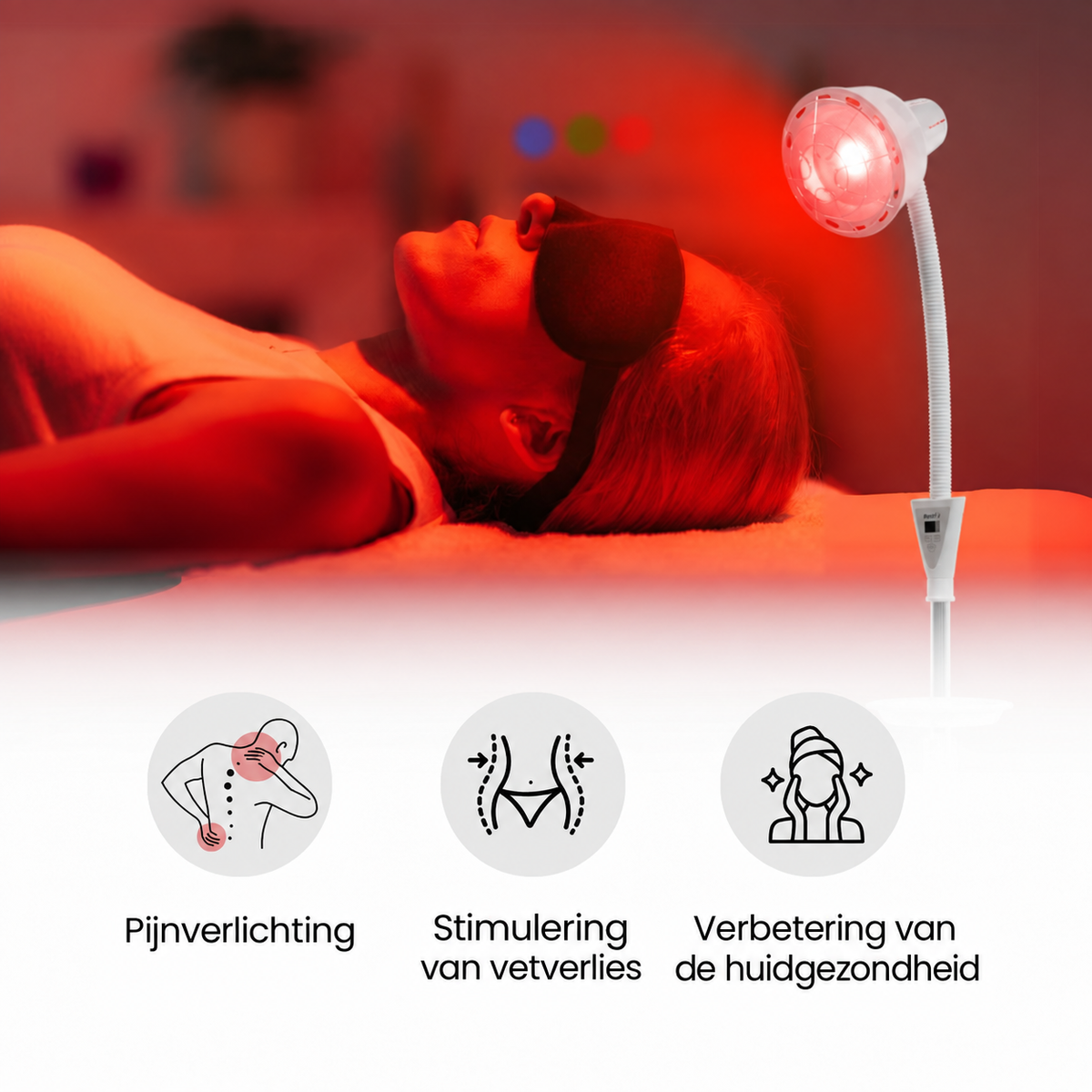 Nederlandstalige infographic van de Resty infrarood warmtelamp over pijnverlichting, vetverlies en huidgezondheid
