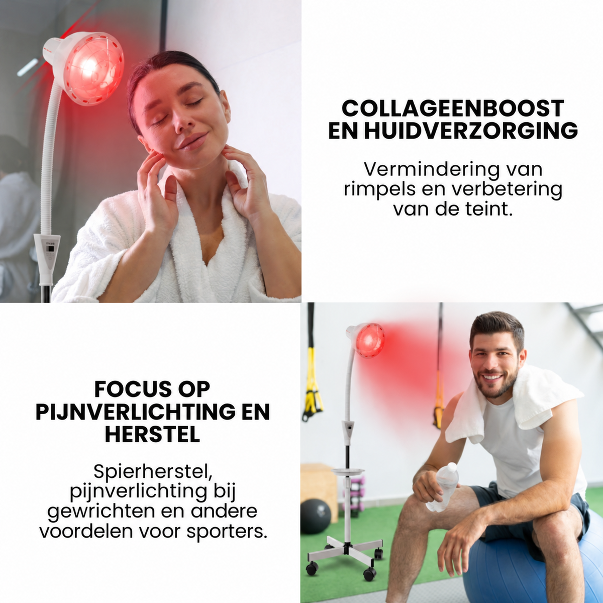 Nederlandstalige infographic van de Resty infrarood warmtelamp over huidverzorging en herstel