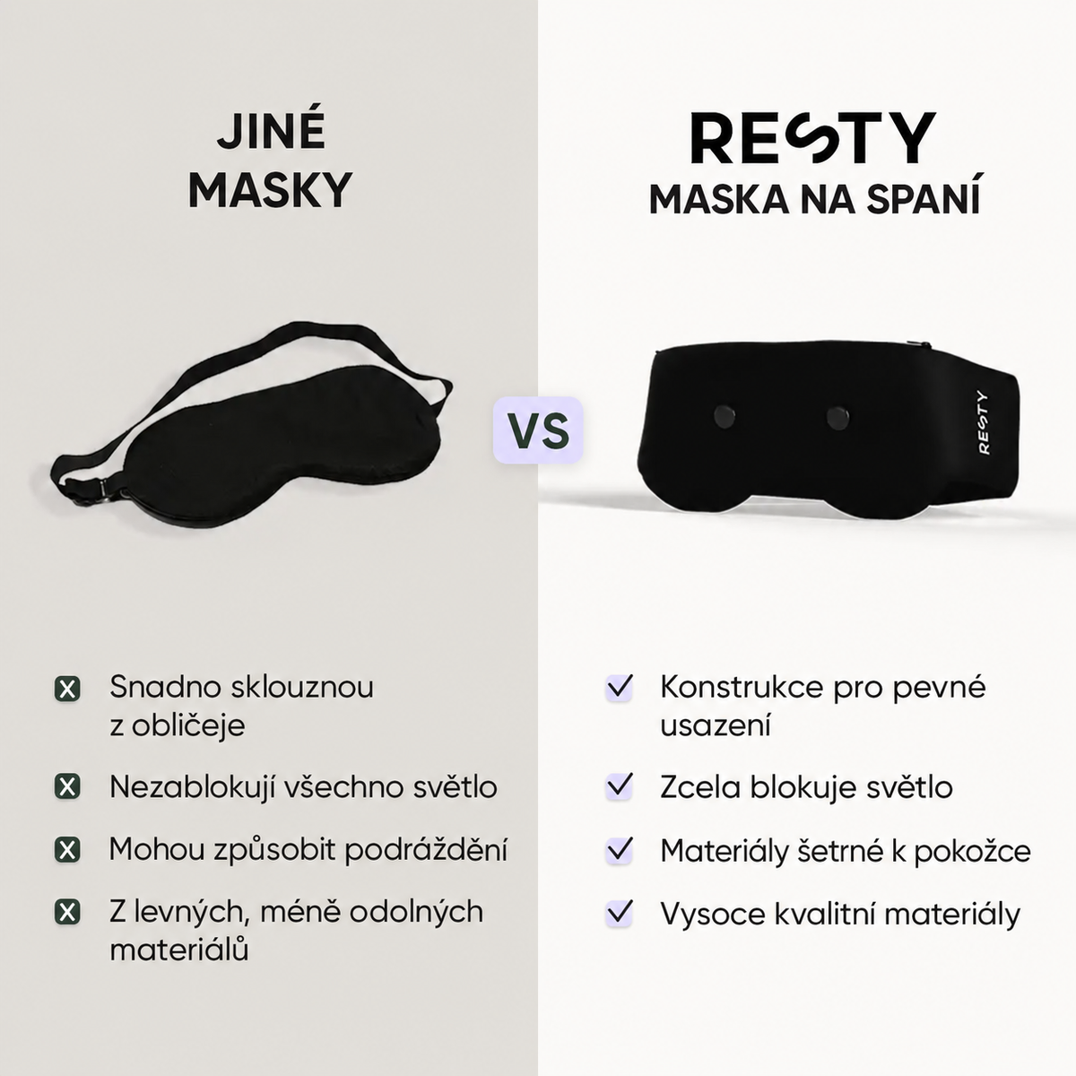 České srovnání běžných masek s maskou na spaní Resty: usazení, světlo a materiály.