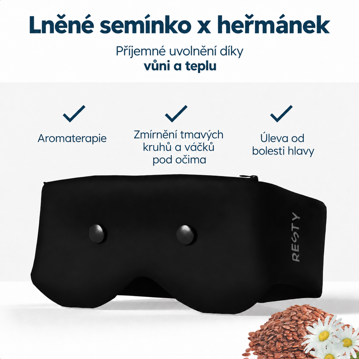 Maska Resty se lněným semínkem a heřmánkem; český přehled vůně, tepla a původních výhod.