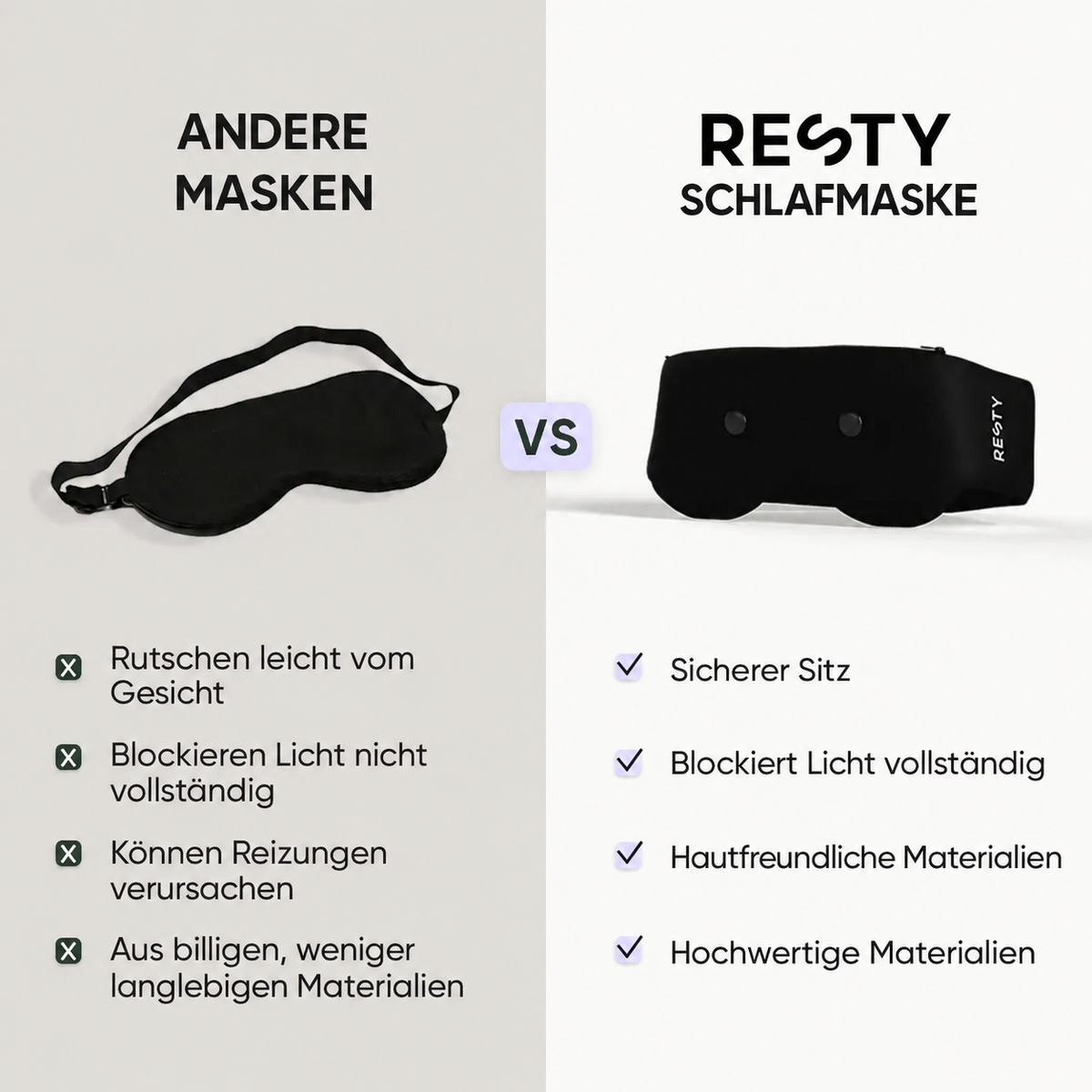 Vergleich anderer Schlafmasken mit der Resty 4D Schlafmaske: Sitz, Lichtblockade und Materialien.
