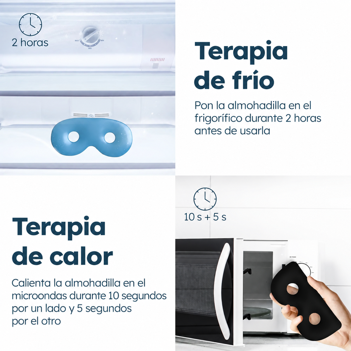 Uso en frío y calor: frigorífico durante 2 horas; microondas 10 segundos por un lado y 5 por el otro.