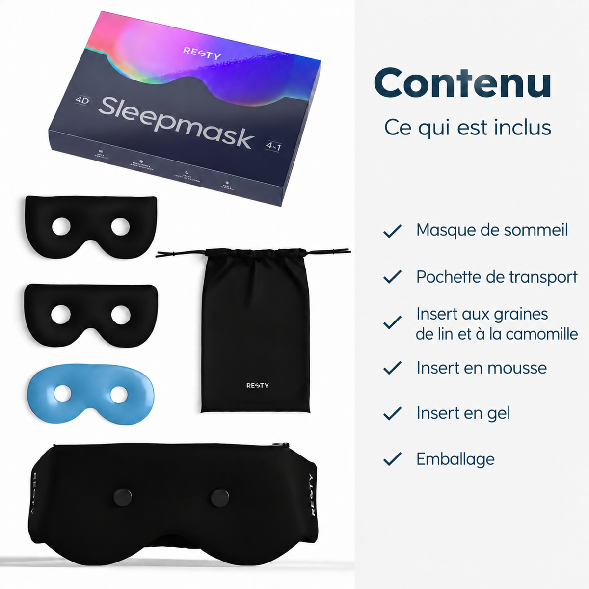 Contenu du coffret Resty 4D : masque, pochette, inserts aux graines de lin et à la camomille, en mousse et en gel, et emballage.
