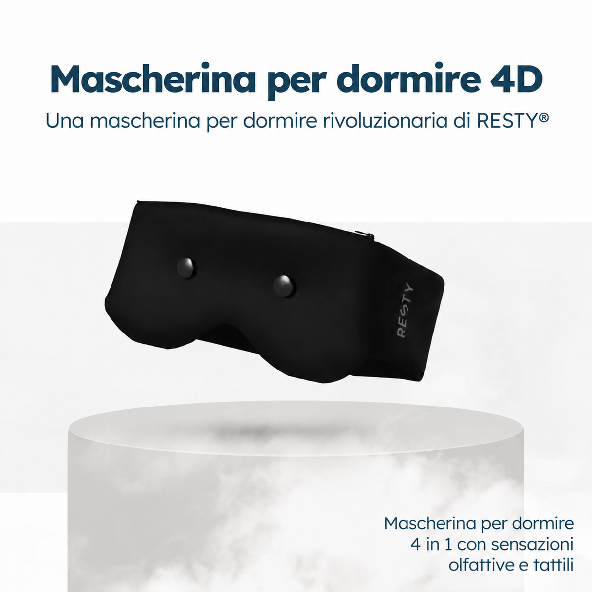Mascherina per dormire Resty 4D, modello 4 in 1 mostrato su un piedistallo bianco.