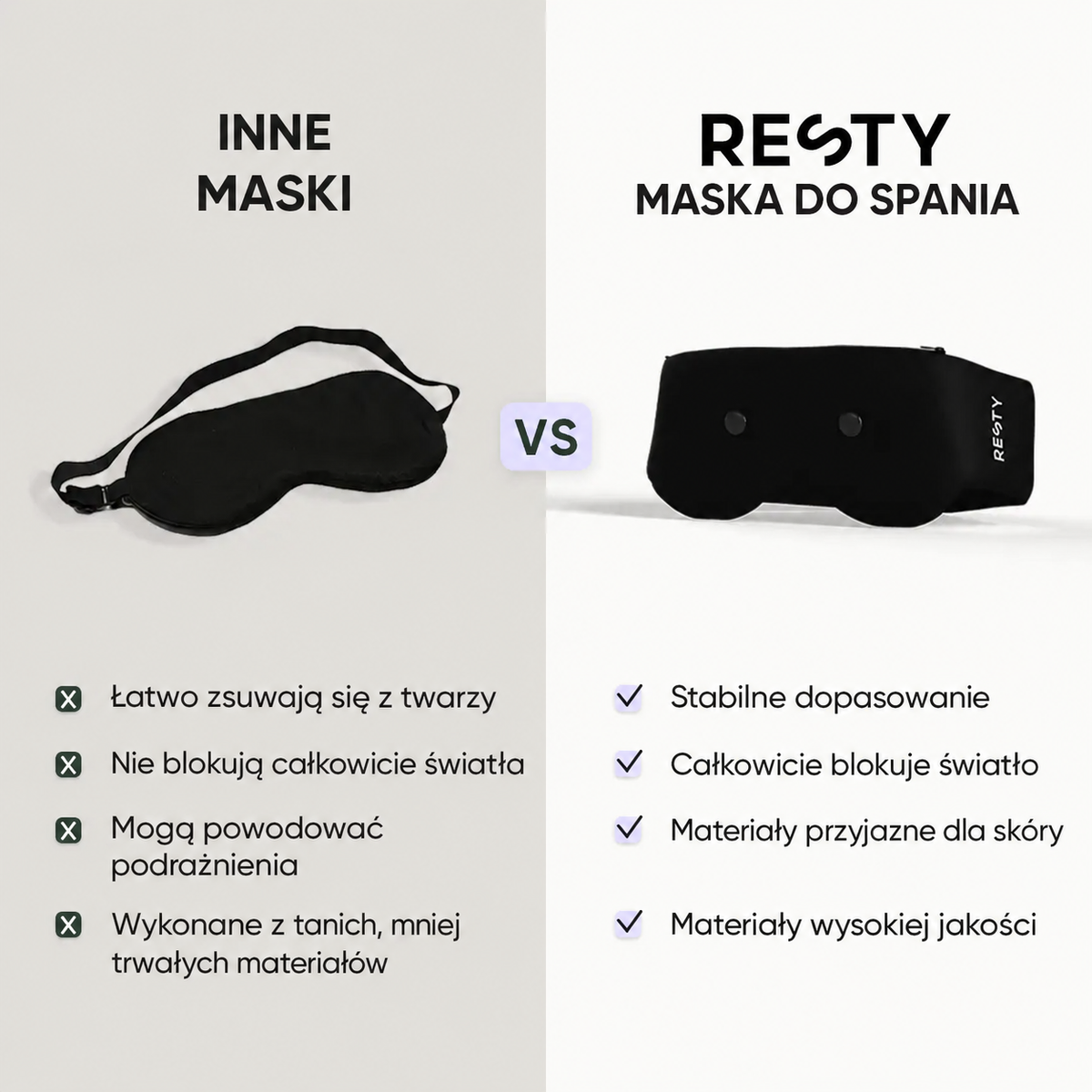 Porównanie innych masek do spania z maską Resty: dopasowanie, zaciemnienie i materiały.