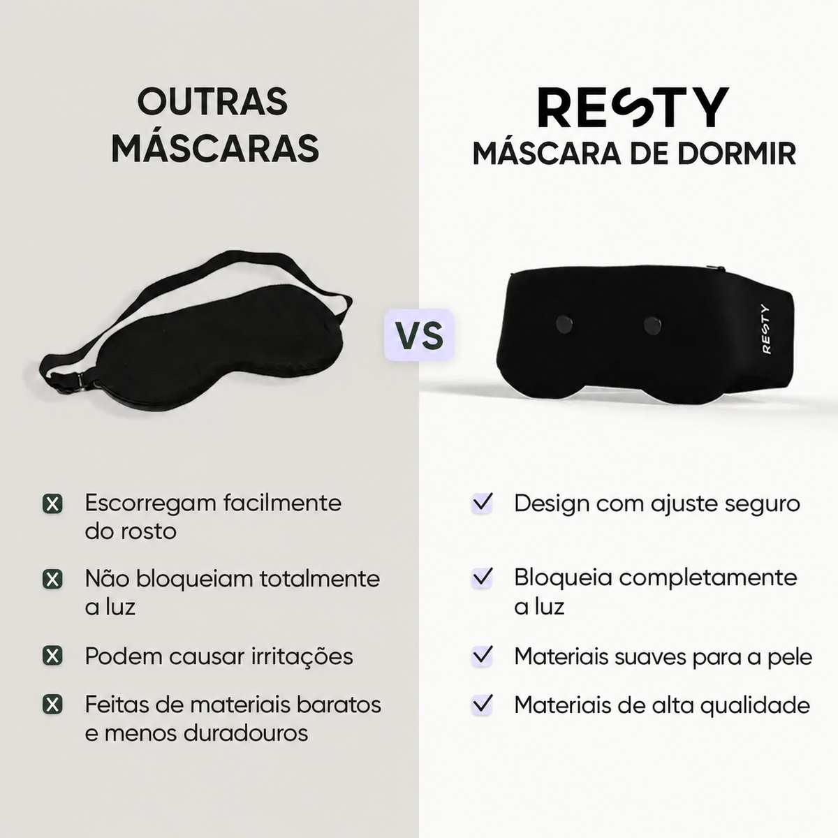 Comparação entre outras máscaras e a máscara de dormir Resty: ajuste seguro, bloqueio completo da luz e materiais suaves para a pele.