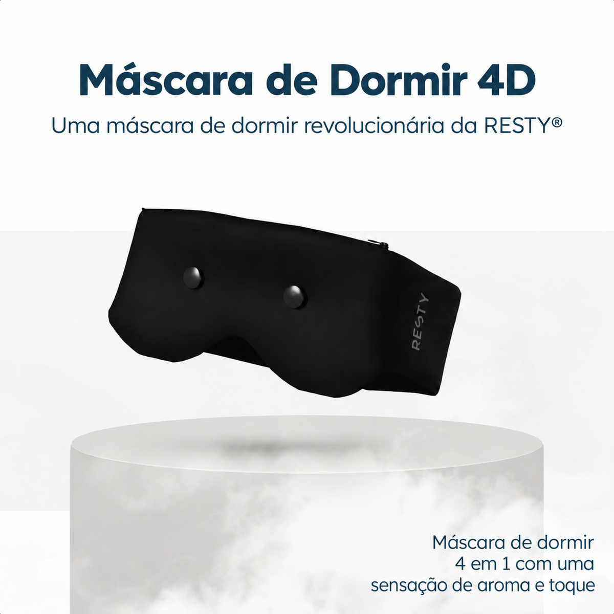 Máscara de dormir Resty 4D, 4 em 1, com aroma e toque, apresentada sobre um pedestal branco.