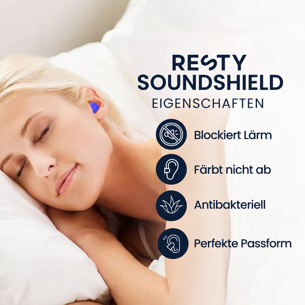Resty SoundShield Eigenschaften: Lärmblockierung, nicht abfärbende Farbe, antibakterielle Wirkung und perfekte Passform
