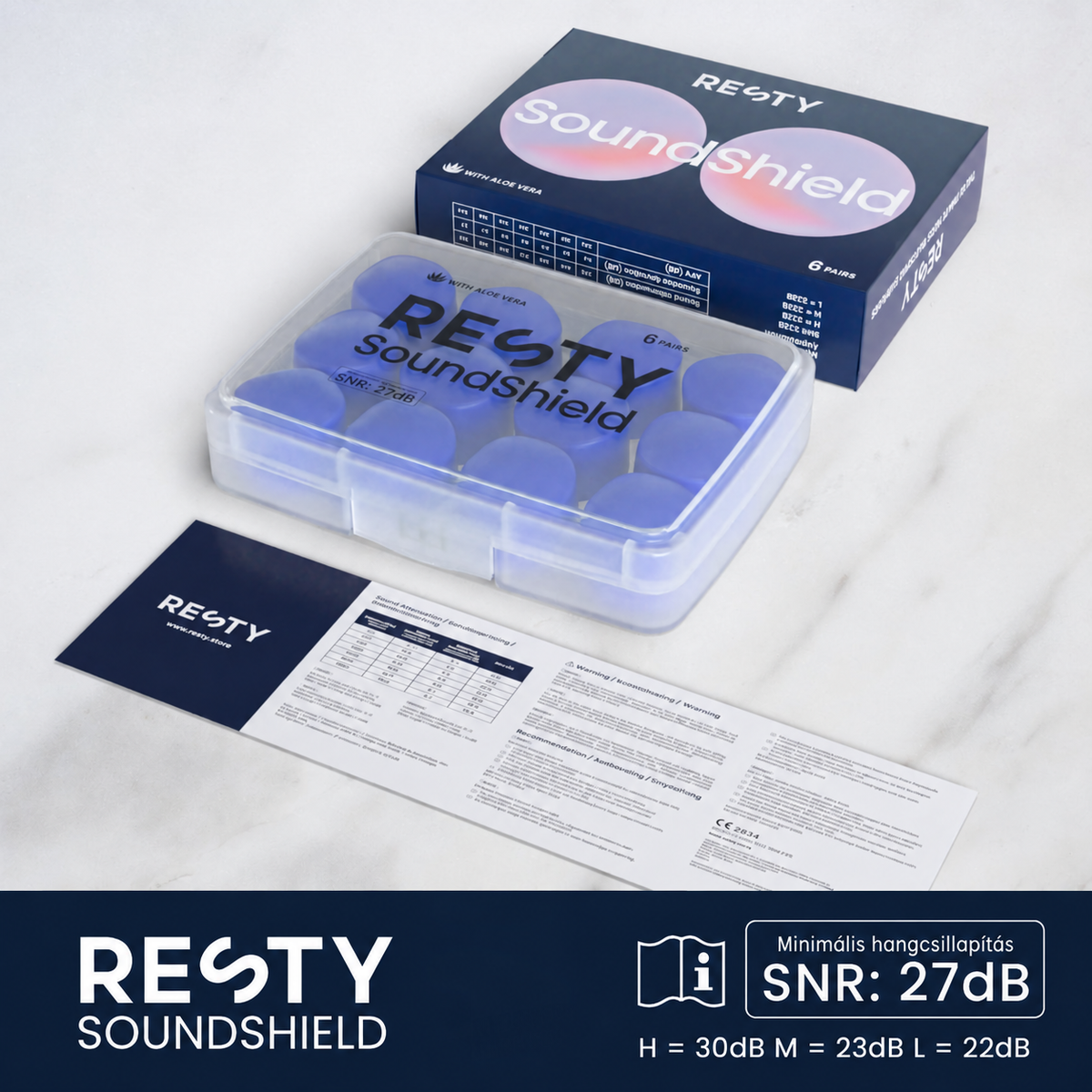 Resty SoundShields doboz, tok és útmutató; minimális hangcsillapítás, SNR 27 dB, H 30 dB, M 23 dB, L 22 dB magyar felirattal.