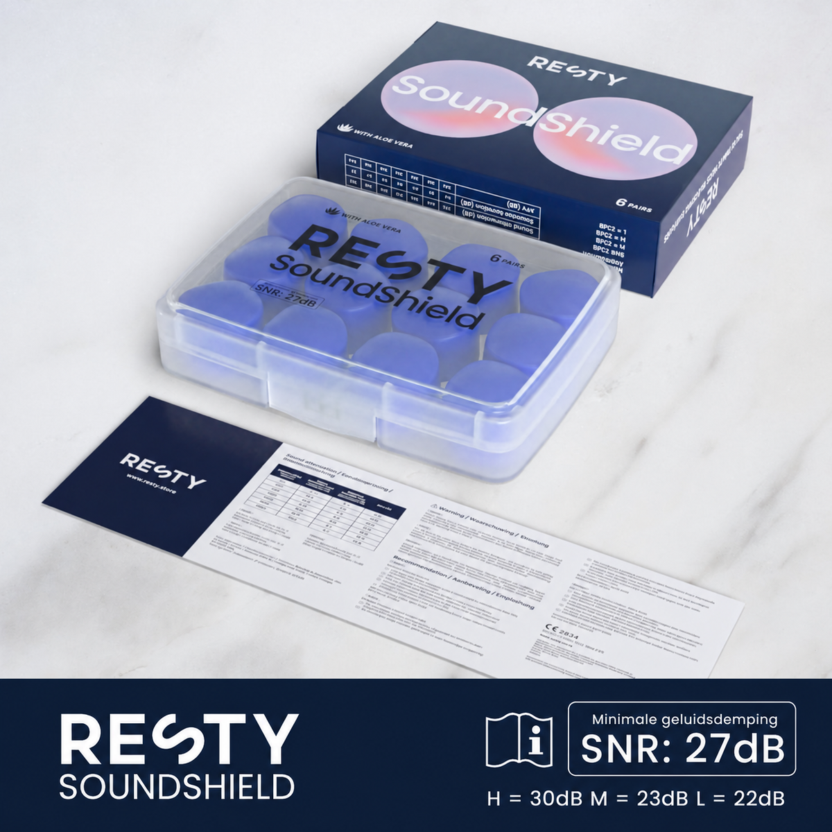 Resty SoundShield met doos en handleiding; minimale geluidsdemping SNR 27 dB, H 30 dB, M 23 dB, L 22 dB