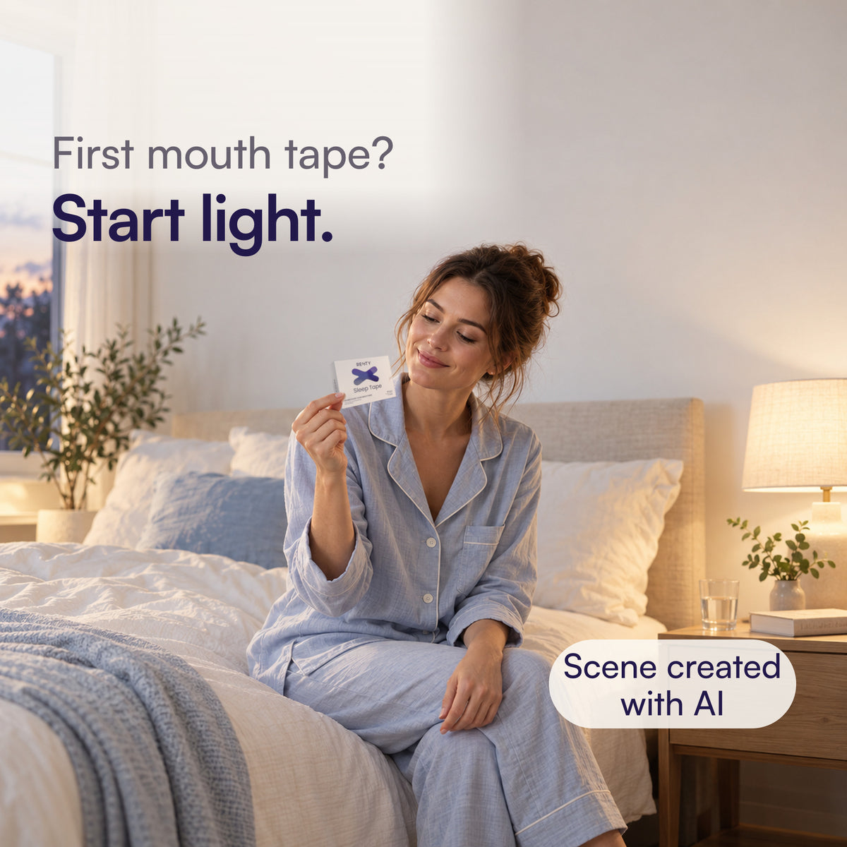 Scene created with AI: woman in pyjamas holds the Resty X-Shape Sleep Tape box at bedtime and looks at it. First mouth tape? Start light.