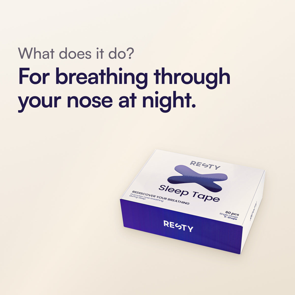 The closed Resty X-Shape Sleep Tape box with its violet band, in warm light. What does it do? For breathing through your nose at night.