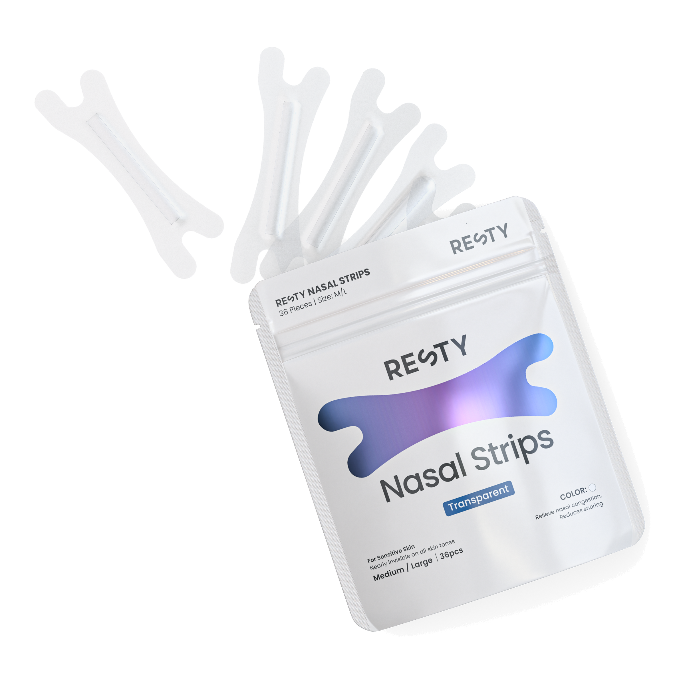 Resty transparent nasal strips and 36-piece pouch product render