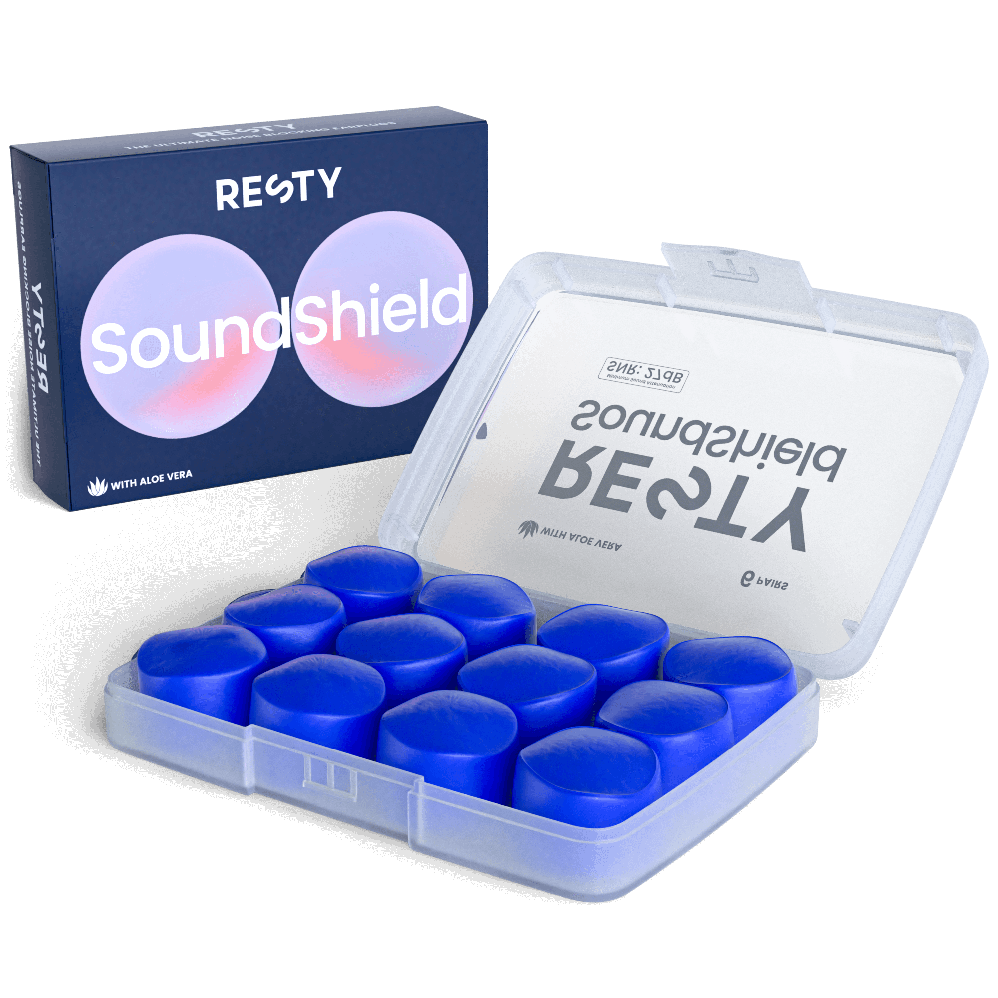 Resty SoundShields Box und geöffnete Aufbewahrungsbox mit blauen formbaren Ohrstöpseln